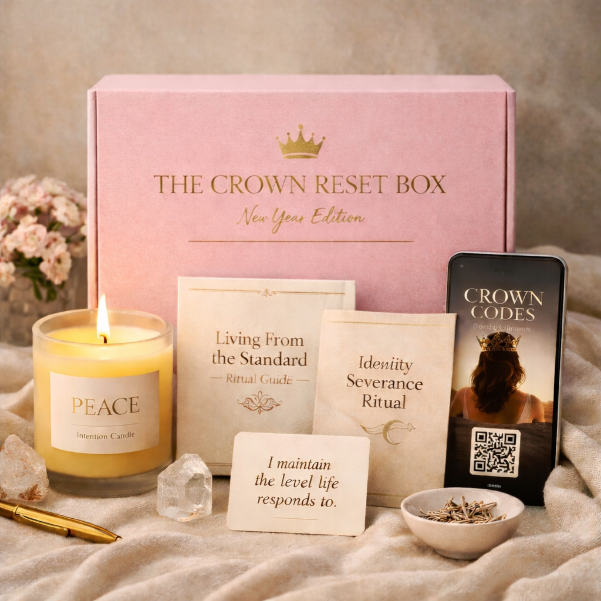 Crown Reset Box with candle, books, and other items on a soft surface